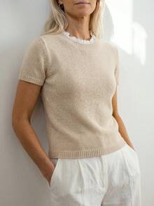 Sprig & Strand Women's French Gentle Style Light Beige Round Neck Lace Patchwork Short Sleeve Knit Top Spring/Summer Teachers' Day Office Basic Minimalist Modest - Apricot - View 6