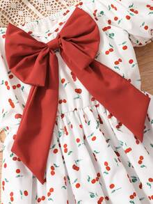 Girls' Spring/Summer Cherry Print Puff Short Sleeve Dress With Large Back Bow, Suitable For Outings And Beach Vacations - Red - View 5
