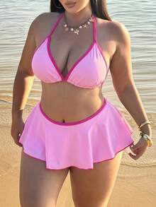 Swim SXY 大尺碼女款兩件式性感海灘裝夏季套裝：細肩帶波點印花上衣搭配對比色荷葉邊比基尼泳褲，比基尼套裝 - 粉色 - 查看 5