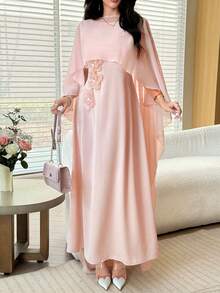 Light Pink Chiffon Maxi Dress With 3D Flowers And Scarf For Spring/Summer - Pink - View 7