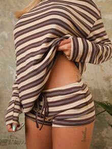 Victoria Miranda Women's Casual Loose Striped Round Neck T-Shirt And Tight Waist Mini Shorts 2 Pieces Set,Spring Outfit Women,Going Out Sets Women Elegant - Multicolor - View 6