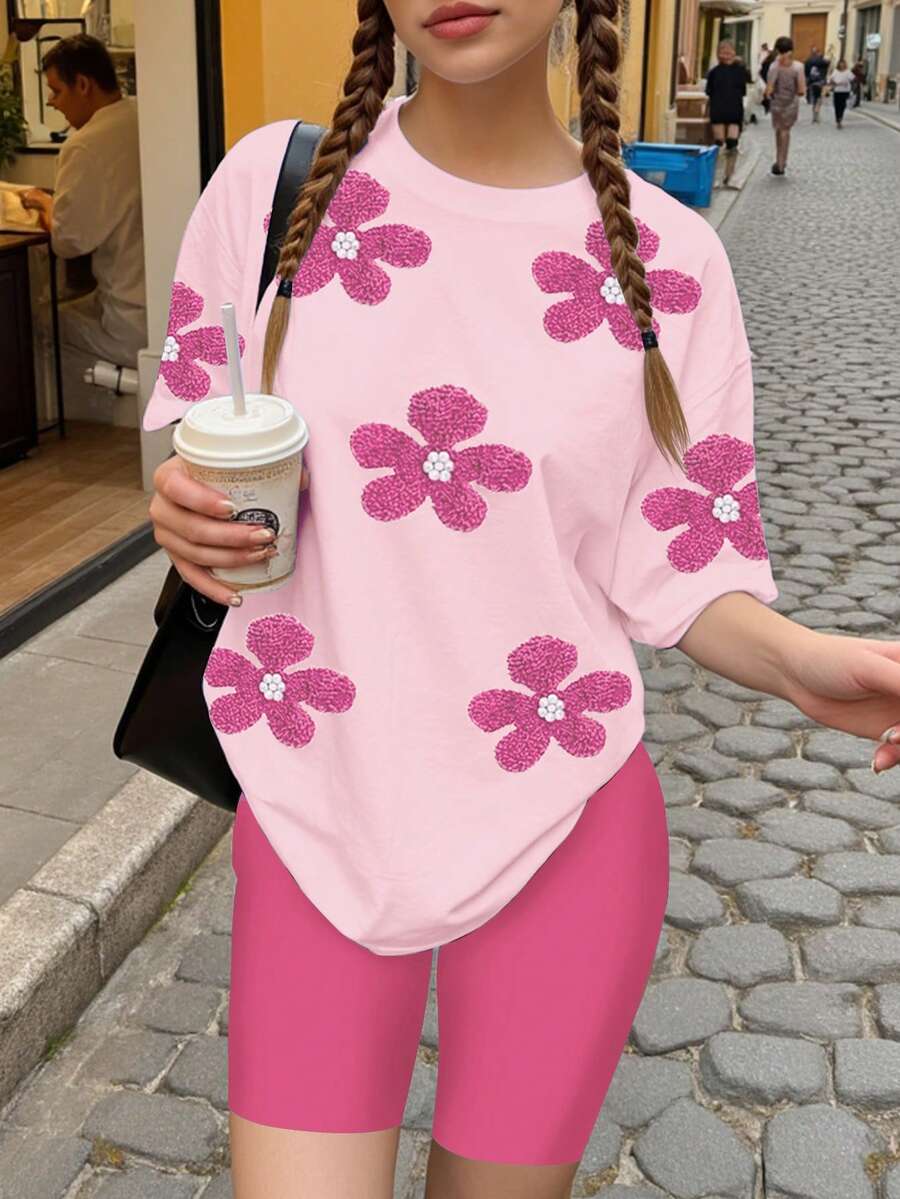 青少年女孩休閒簡約花卉印花圖案,奶油粉色,短袖短褲兩件套,適合夏季舒適春夏季風格,圖案,可愛,Gra - 彩色 - 查看 1