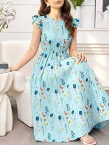 SHEIN Sparklyn 碎花图案短袖收腰连衣裙，适合少女度假、日常休闲穿着 - 藍色 - 查看 4