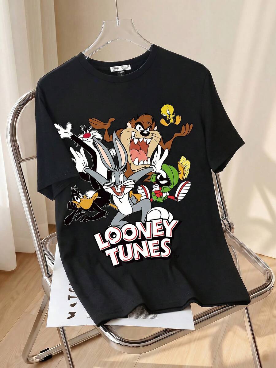 LOONEY TUNES X SHEIN 男士卡通动物与字母印花短袖 T 恤 - 黑色 - 查看 1
