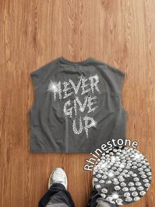 Manfinity Joysei Men's Rhinestone Slogan Logo Dark Gray Ultra Loose Cropped Tank Top - Dark Grey - View 1