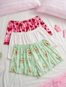Slumberry CURVE Sweet Cute Ins Cartoon Avocado Heart & Solid Color Plus Size Women's Pajama Shorts 3pcs Set - Multicolor - View 2