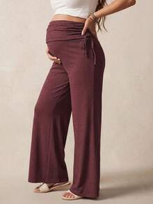 Boho Mama Celana Panjang Kasual Hamil Warna Polos dengan Tali Serut Samping dan Pinggang yang Dapat Diatur, Pakaian Musim Panas Gaya Boho, Pakaian Kasual untuk Acara Baby Shower - Merah - View 1