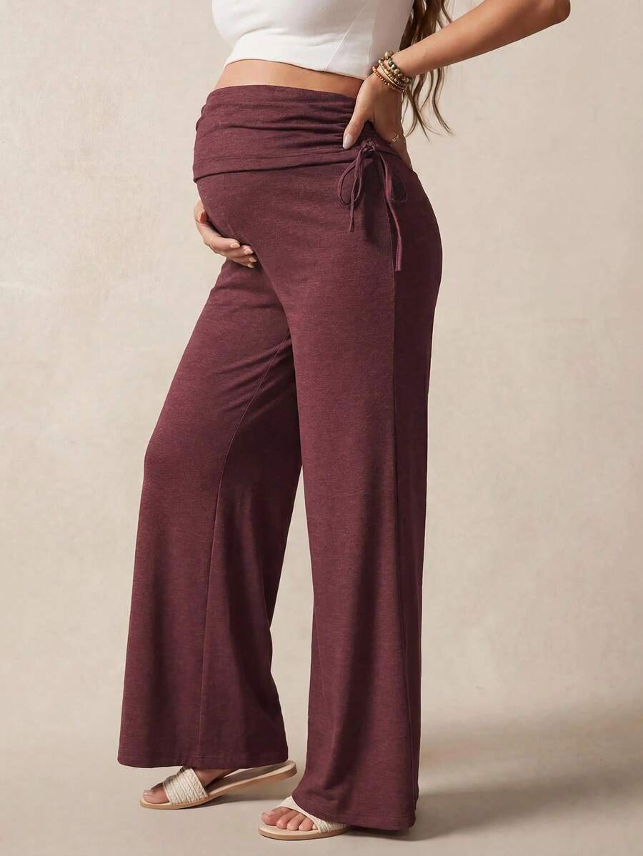 Boho Mama Celana Panjang Kasual Hamil Warna Polos dengan Tali Serut Samping dan Pinggang yang Dapat Diatur, Pakaian Musim Panas Gaya Boho, Pakaian Kasual untuk Acara Baby Shower - Merah - View 1