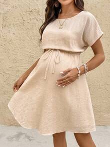 SHEIN Boat Neck Solid Color Waist Bowknot Decor Maternity Dress - Apricot - View 5