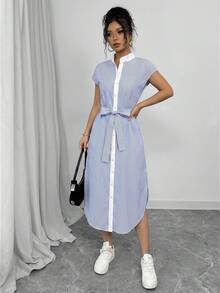 SHEIN Raffinéa Business Casual Old Money Style Blue Striped Shirt Dress Short Sleeves Spring And Summer Vacation - Blue and White - View 8