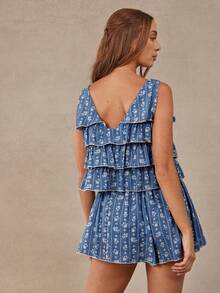 WESTFADE Tiered Ruffle Button Front Tank Top And Pull On A Line Shorts Women Two Piece Matching Sets, Country Style For Women, Summer Outfit, Beach - Blue - View 2