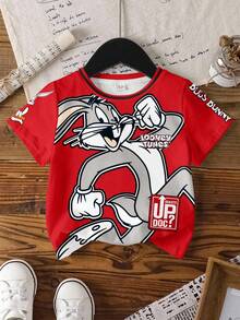 LOONEY TUNES X SHEIN 男婴字母卡通图案圆领短袖上衣 - 白色 - 查看 7