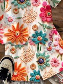 Young Girl Casual Minimalist Cute Textured Floral Print, Short Sleeve Long Pants 2-Piece Set Suitable For Summer, Graphic, Cozy, Girls Outfit Sets, Y2K, Vintage, Vacation - Multicolor - View 7