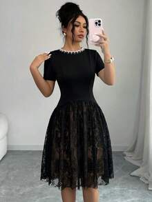 Feyla Women's Faux Pearl Decorated Round Neck Short Sleeve Lace Hem Elegant Modest Short Dress Party Dinner Black Summer - Black - View 7