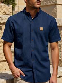 Manfinity Homme Men's Single-Breasted Patchwork Short Sleeve Solid Color Shirt - Navy Blue - View 5