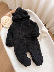 Newborn Baby Girl Autumn/Winter Cute 3D Ears Fuzzy Zipper Hooded Jumpsuit - Black - View 4