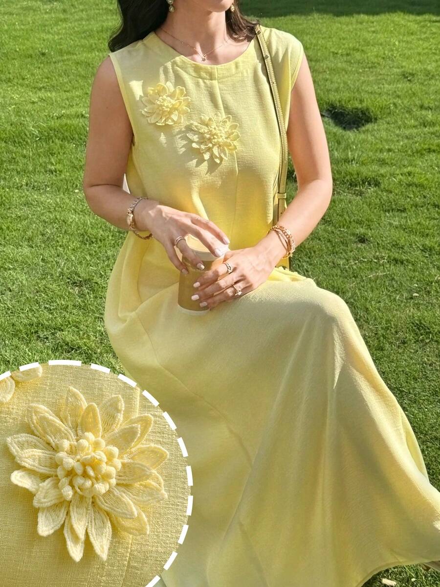 Al Najma Women's Elegant And Casual Sleeveless Three-Dimensional Floral Dress, Light Yellow, Spring And Summer