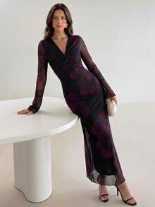 Modelyn Women's V-Neck Floral Print Pleated Elegant Cinched Waist Party Dress Holiday Purple Dresses For Women Maxi Dress فساتين - Purple - View 5