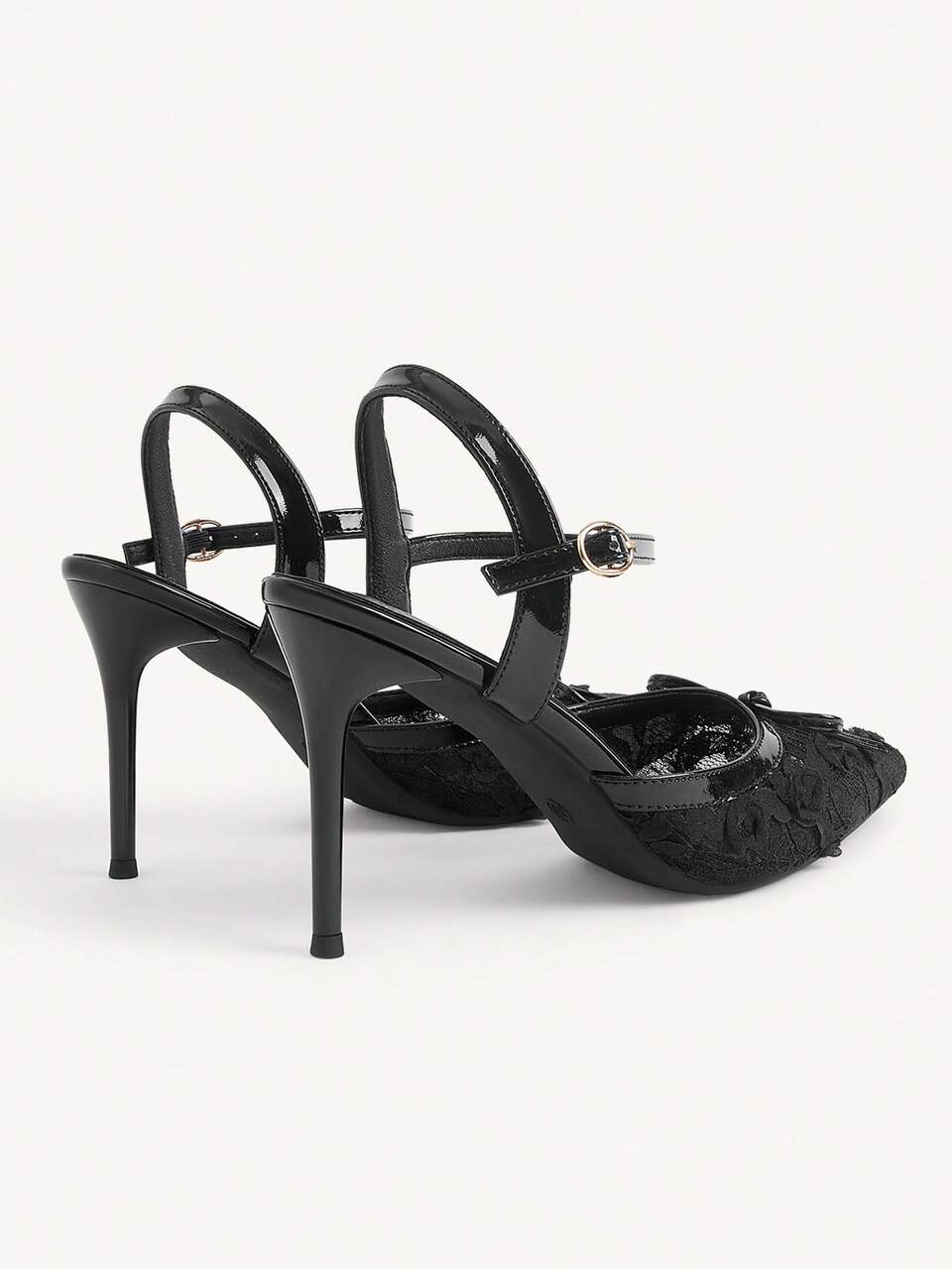 CUCCOO CHICEST Temperament Socialite Style Pointed Thin Heel Sandals, Black One-Button Bow Empty High Heels, Black Lace Bag Head Sandals