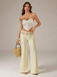 SHEIN Tall 95%棉米色波西米亞風蕾絲腰帶女款直筒寬鬆度假長褲－珠飾抽繩針織腰部，適合春夏季海灘、音樂節、旅行與居家 - 杏色 - 查看 3