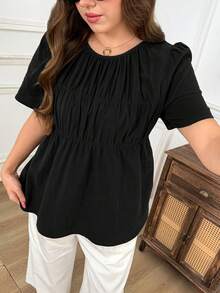 SHEIN LUNE 大尺碼夏季休閒純色短袖襯衫 - 黑色 - 查看 7