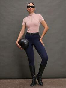 Activina 女款素色短袖拉鍊半開襟立領馬術襯衫 - 粉色 - 查看 4