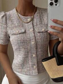 DAZY Summer New Puff Sleeve Women's Shirt For First Date - Grey - View 1