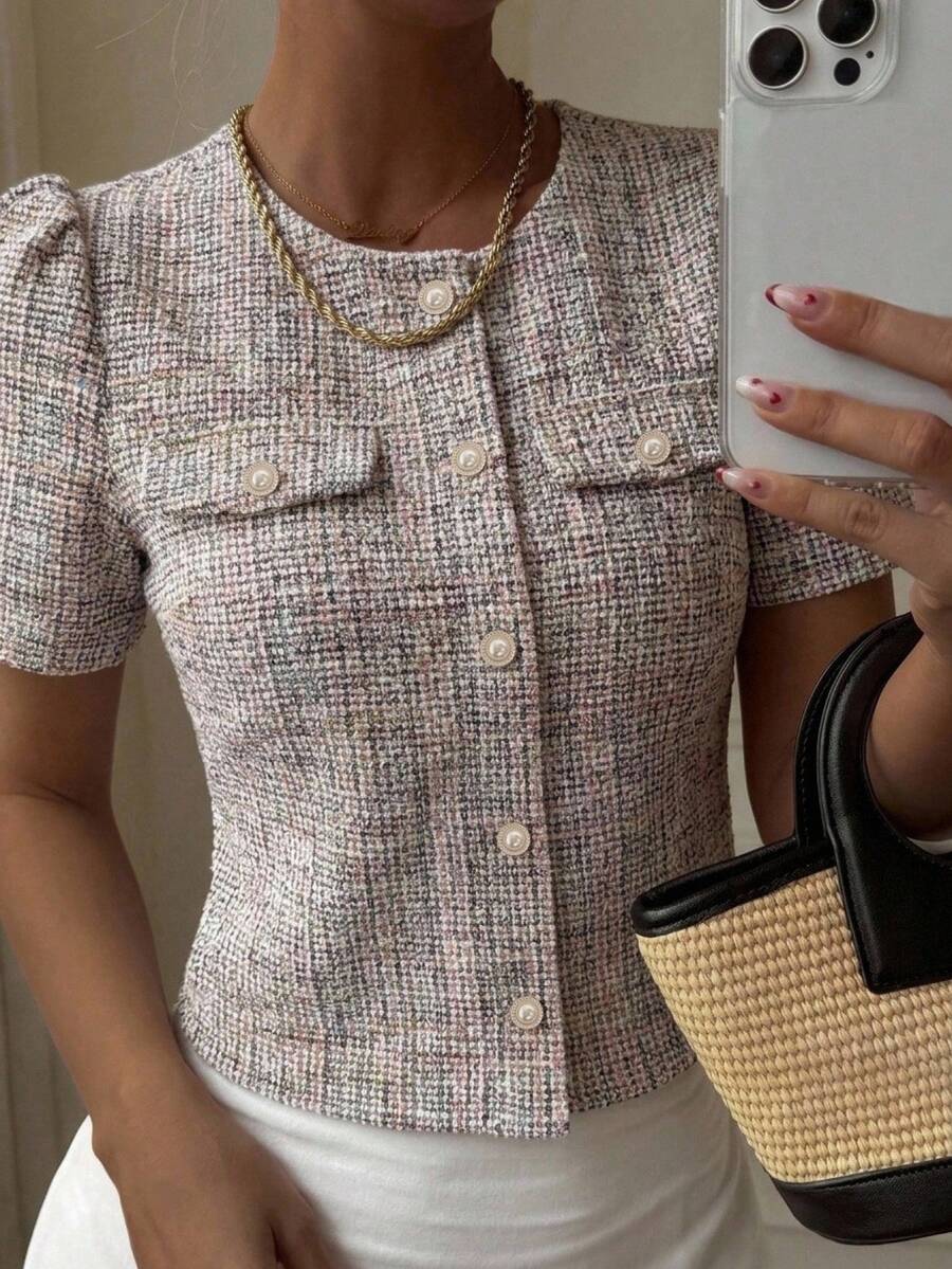 DAZY Summer New Puff Sleeve Women's Shirt For First Date - Grey - View 1