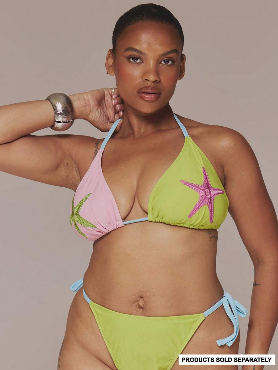 MUSERA Plus Size Embroidered Star Fish Contrast Bikini Top Only Spring Summer Easter Cute Holiday Vacation Swim Ibiza Beach - Multicolor - View 1