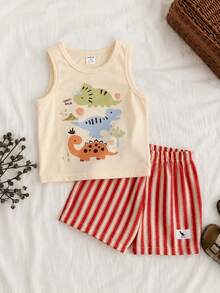SHEIN 2pcs/Set Baby Boy/Girl Cute Casual Comfortable Funny Cartoon Dinosaur Pattern Tank Top And Elastic Waist Striped Shorts Set,Red - Multicolor - View 2
