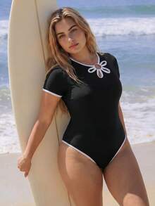 Swim Nautrix Bộ đồ bơi liền thân tay ngắn màu đen trắng dành cho nữ, cỡ lớn, thích hợp cho kỳ nghỉ hè 2026, kiểu dáng thể thao, thích hợp đi biển. - Đen và trắng - Xem 5