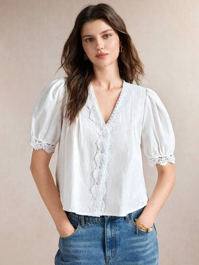 BizChic White Women's Round Neck 5/4 Lantern Petal Sleeve Elastic Cuff Lace Trim Patchwork Loose Short Elegant Minimalist Commute Date Daily Vacation Office Independence Day Graduation Season Music Festival Slimming Elegant Versatile Summer Blouse