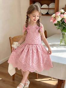 Souflis Souflis Young Girls 2pcs Set Pink Eyelet Embroidery Sleeveless Tank Top & Scalloped Hem Flared Skirt Outfits Sweet Boho Holiday Clothes - Pink - View 3