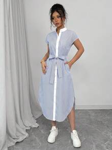 SHEIN Raffinéa Business Casual Old Money Style Blue Striped Shirt Dress Short Sleeves Spring And Summer Vacation - Blue and White - View 3