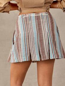 WESTFADE Draw-Cord Waist Pleated Cotton Blend Multi Stripe Mini Skirt ...