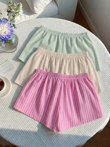 Comfortcana 3pcs/Set Comfortable Home Shorts Suitable For Summer Date Night Green Striped Beige Pink Stripe Casual - Multicolor - View 2