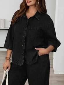 EMERY ROSE EMERY ROSE Plus Size Solid Color Drop Shoulder Casual Loose Front Button Denim Blouse Going Out Tops - Black - View 8