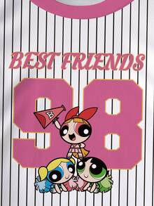 THE POWERPUFF GIRLS X SHEIN 女嬰字母條紋印花圓領短袖休閒T恤 - 白色 - 查看 4