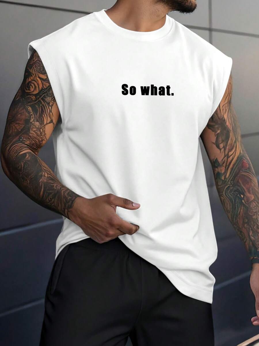 Manfinity Homme Men's Slogan Print Round Neck Casual Wide Shoulder Tank Top - White - View 1