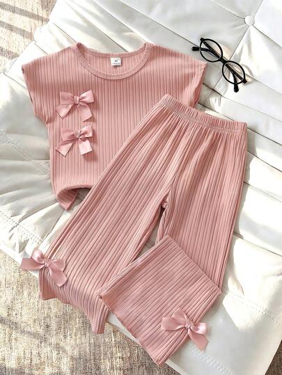 2pcs Young Girl Sweet Girly Style Pink Ribbed Bow Short Sleeve Top And Matching Wide Leg Pants Set, Ribbed Fabric Skin-Friendly And Comfortable, Bow Design Playful And Cute, Loose Fit Suitable For All Body Types, Perfect For Home, Daily Outings, Weekend Picnics, Parks, Back To School, Spring And Summer