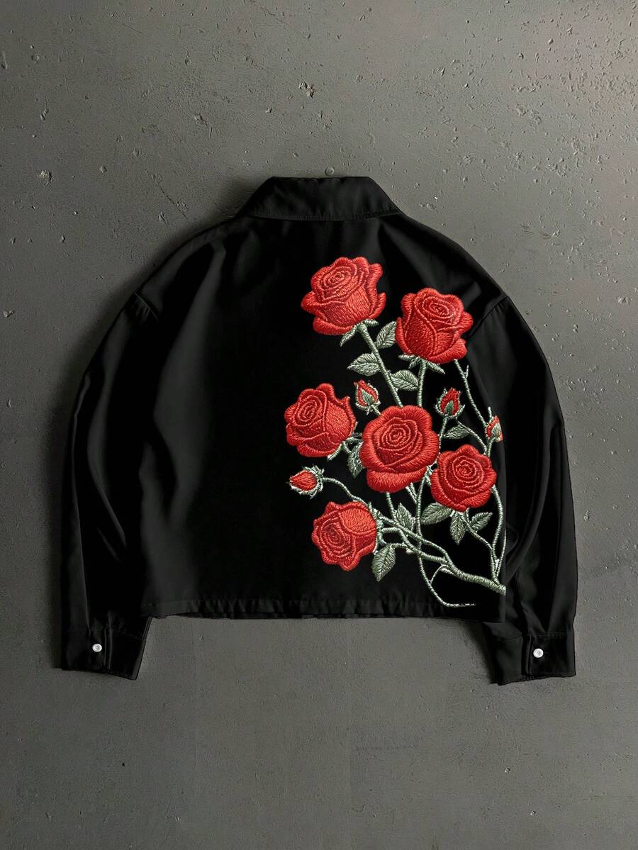 Manfinity ZONE917 Boxy Cropped Loose Fit Faux Embroidery Rose Floral Print Long Sleeve Shirt, Suitable For Spring And Summer, Gift For Friends - Black - View 1