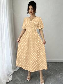 SHEIN LUNE 女款圓點圖案重疊V領荷葉邊短袖優雅洋裝 - 黃色 - 查看 3