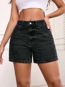 SHEIN PETITE 女款休閒百搭牛仔短褲附口袋 - 黑色 - 查看 4