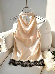 Franclia Women's Contrast Lace Ruffle Neck Elegant Sexy Draped Neck Tank Top Night Black And Beige Summer - Apricot - View 2