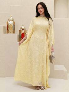 Yasmyna Women's Cut-Out Batwing Sleeve Loose Arabic Traditional Long Tunic - Yellow - View 5