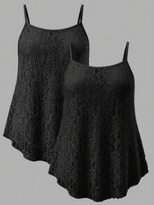 SHEIN EZwear 大尺碼女款提花休閒日常細肩帶背心上衣 2件組 - 黑色 - 查看 1