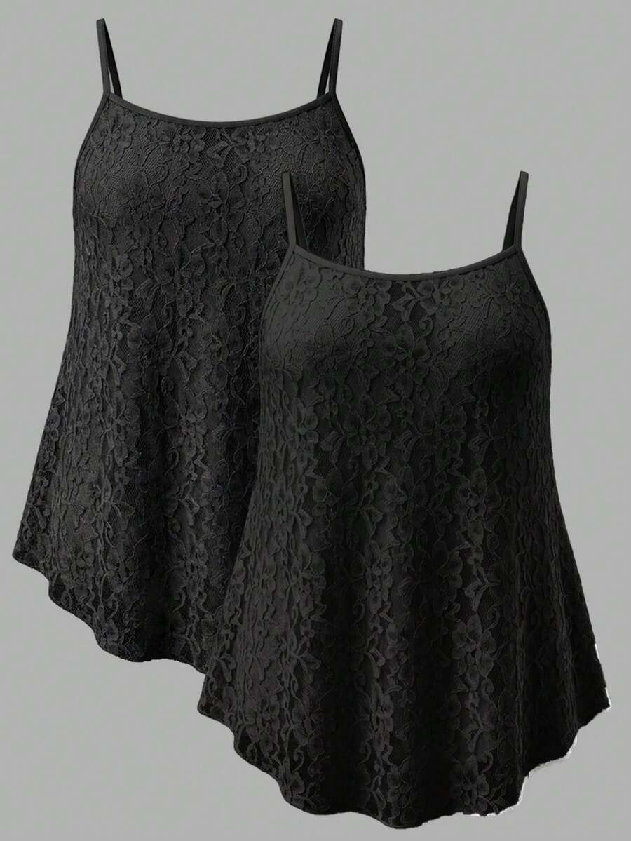 SHEIN EZwear 大尺碼女款提花休閒日常細肩帶背心上衣 2件組 - 黑色 - 查看 1