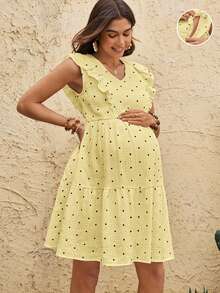 Boho Mama Vestido de maternidad y lactancia con textura de lunares y bajo con volantes - Amarillo - Ver 7