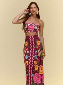CAJUNI Mary Print Midi Top And Skirt Set - Burgundy - View 5