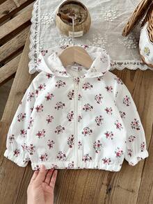SHEIN 女嬰 0-3歲 1件 春秋休閒風 幼童長袖花卉印花簡約連帽上衣，舒適衣物適合戶外活動 - 彩色 - 查看 3